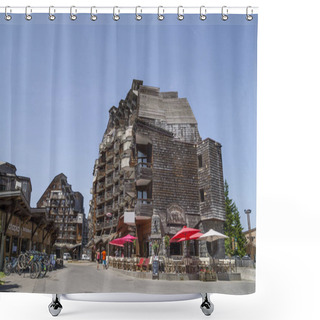 Personality  AVORIAZ , FRANCE - JULY 7, 2015. Strange Wooden Buildings In Avoriaz , French Mountain Resort, In The Middle Of The Porte Du Soleil , Alps Mountains. Shower Curtains