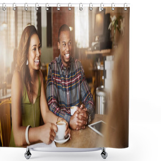 Personality  Sharing Fun Times With Friends. A Couple Enjoying A Double Date With Friends In A Coffee Shop Shower Curtains