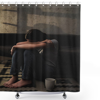 Personality  Emotional Crying Woman Hugging Her Knees While Sitting On Floor At Sofa Shower Curtains