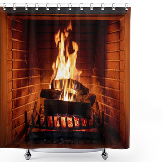 Personality  Fireplace, Fire Burning, Cozy Warm Fireside, Holiday Christmas Home. Wood Logs Flaming, Bricks Background, Closeup View Shower Curtains