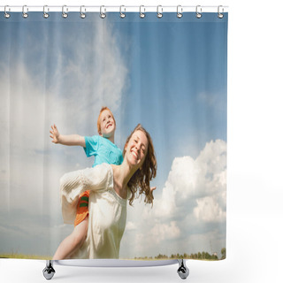 Personality  Mother And Son Having Fun Shower Curtains