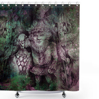 Personality  Little Forest Dwarf Carrying His Lantern In Woodland, Colorful Drawing Shower Curtains