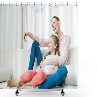 Personality  Mother And Daughter Making Selfie Shower Curtains