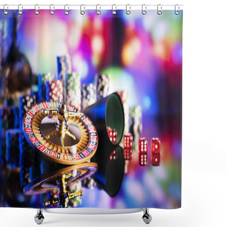 Personality  Gambling Theme.  Dice, Roulette Wheel And Poker Chips On Color Bokeh Background. Shower Curtains