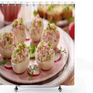 Personality  Deviled Eggs, Stuffed Eggs Filled With A Paste Made From Smoked Ham, Mayonnaise, Egg Yolks And Fresh Chive On A Plate.Tasty Breakfast, Appetizer For Party Or Holiday Meals Shower Curtains