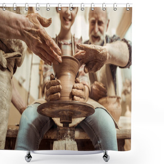 Personality  Grandmother And Grandfather With Granddaughter Making Pottery At Workshop Shower Curtains