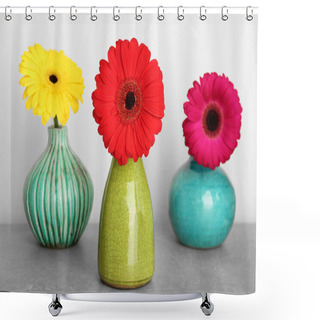 Personality  Vases With Gerbera Flowers On Grey Background Shower Curtains