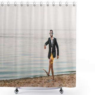 Personality  Man In Black Jacket And Shorts Walking With Swimming Mask And Flippers On Sea Shore Shower Curtains