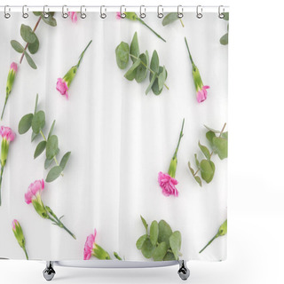 Personality  Baby Eucalyptus Leaves And Pink Carnation Flowers Pattern On White Background With Copy Space Shower Curtains