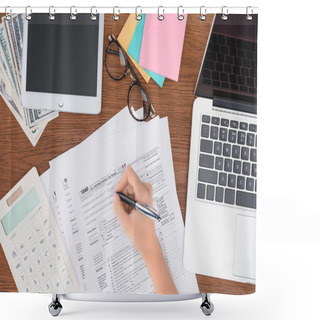 Personality  Cropped View Of Woman Filling Tax Forms At Workplace With Digital Devices And Stationery Shower Curtains