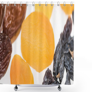 Personality  Close Up View Of Dried Apricots, Raisins And Dates Isolated On White, Panoramic Shot Shower Curtains