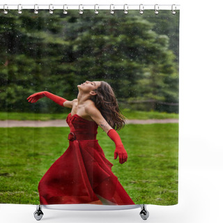Personality  A Beautiful Young Woman In A Red Dress Stands Gracefully In The Rain, Exuding Elegance And Poise Despite The Weather. Shower Curtains