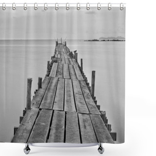 Personality  Black And White Photography Of A Beach Wooden Pier Shower Curtains