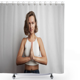Personality  Young Woman Practicing Meditation At The Office, Online Yoga Classes, Taking A Break Time For A Minute. Shower Curtains