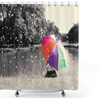 Personality  Colorful Rainbow Umbrella Hold By Sitting Woman On Grass Field Near River At Outdoor With Full Of Nature And Rain, Relax Concept, Beauty Concept, Lonely Concept, Selective Color, Sepia Dramatic Tone Shower Curtains