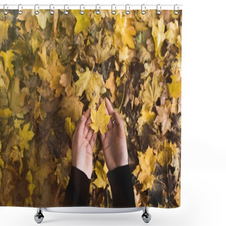 Personality  Woman Holding Fallen Leaf Shower Curtains