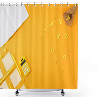Personality  Top View Of Blank Notebook With Various Studying Supplies And Waffle Cone On Yellow Shower Curtains
