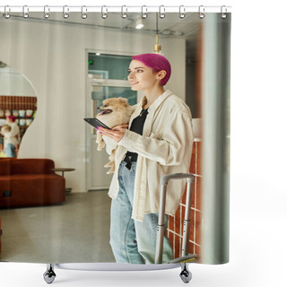 Personality  Happy Woman With Small Furry Friend And Smartphone Near Reception Desk And Travel Bag In Dog Hotel Shower Curtains