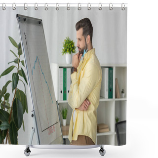 Personality  Thoughtful Businessman Touching Chin While Looking At Flipchart With Covid-19 Inscription And Graphs Showing Recession Shower Curtains