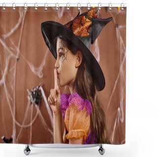 Personality  Cute Little Girl In Halloween Witch Costume And Pointed Hat Showing Shh On Brown Backdrop, Side View Shower Curtains