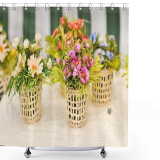 Personality  Colorful Artificial Flowers Decorations. Decorative Arrangement Of Various Flowers At Romanian Market Shower Curtains