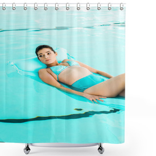 Personality  Beautiful Woman Swimming On Floating Mattress In Turquoise Swimsuit Shower Curtains