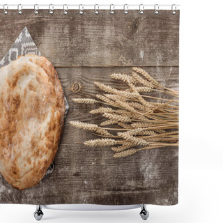 Personality  Top View Of Lavash Bread On Gray Towel With Pattern Near Wheat Spikes On Wooden Table Shower Curtains