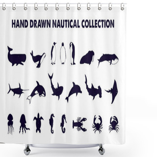 Personality  Hand Drawn Monochrome Sea Animals Vector Illustrations Set. Shower Curtains
