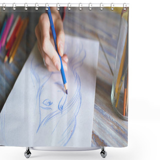 Personality  Closeup Of Female Hand Painting Sketch On Paper Notebook With Pencils. Woman Artist At Work Shower Curtains