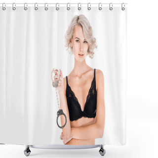 Personality  Wonderful Blonde Young Adult Woman In Lingerie Holding Handcuffs Isolated On White  Shower Curtains