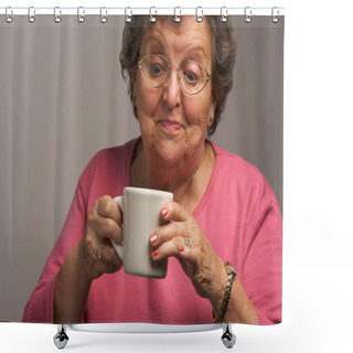 Personality  Senior Woman On A Gray Background Enjoys Coffee Shower Curtains