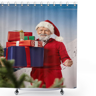 Personality  Cheerful Man In Santa Costume Holding Pile Of Presents And Putting Hand Aside, Winter Concept Shower Curtains