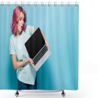 Personality  Shocked Young Woman With Pink Hair Showing Laptop With Blank Screen On Blue Background Shower Curtains