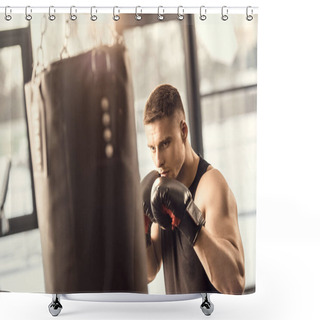 Personality  Athletic Young Man In Boxing Gloves Training With Punching Bag In Gym Shower Curtains