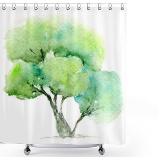 Personality  Oak Tree Watercolor Illustration With White Background. Big Tree Painting On Nature Theme For Any Ecological Or Forest Projects Shower Curtains