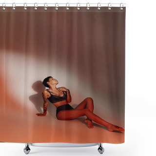 Personality  Full Length Of Woman With Slim And Sexy Body Sitting In Black Lingerie On Red Background With Shadow Shower Curtains