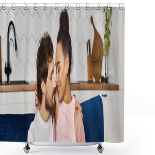 Personality  Jolly Diverse Couple In Comfy Homewear Sitting On Sofa Together And Smiling At Each Other, Banner Shower Curtains