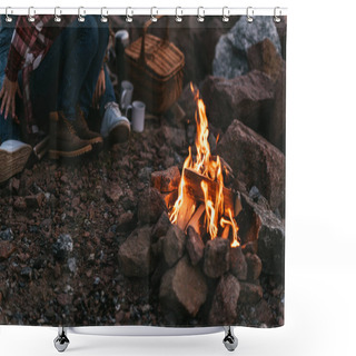 Personality  Selective Focus Of Burning Bonfire Near Couple Sitting On Rocks Shower Curtains