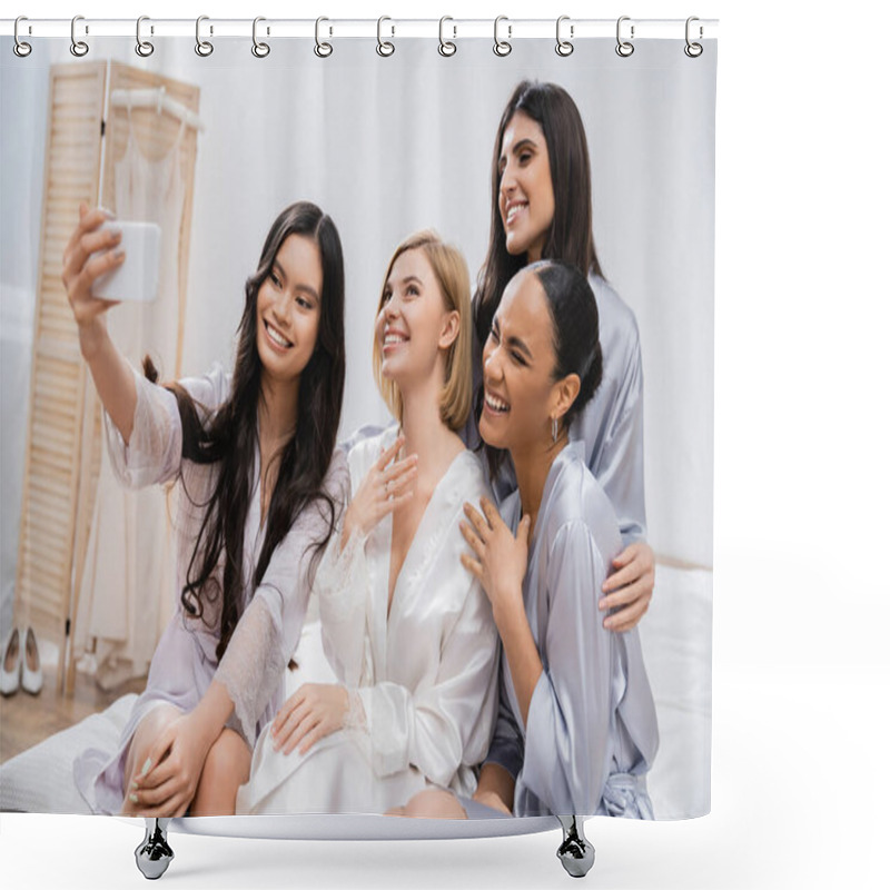 Personality  Four Women, Bridal Party, Joyful Blonde Bride And Her Interracial Bridesmaids Taking Selfie Together, Happiness, Silk Robes, Engagement Ring, Brunette And Blonde, Best Friends, Diversity Shower Curtains