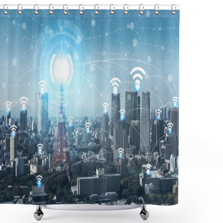 Personality  Smart City Wireless Communication Network With Graphic Showing Concept Of Internet Of Things ( IOT ) And Information Communication Technology ( ICT ) Against Modern City Buildings In The Background. Shower Curtains
