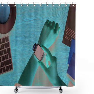 Personality  Cropped View Of Girl Using Smartwatch With Blank Screen On Wooden Background Shower Curtains