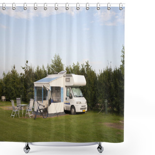 Personality  Motor Home Parked At A Camping In The Netherlands Shower Curtains