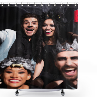 Personality  Happy Interracial Friends In Halloween Costumes Looking At Camera On Black, Blurred Foreground Shower Curtains