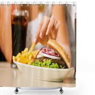 Personality  Women Eating Hamburger And Drinking Soda Shower Curtains
