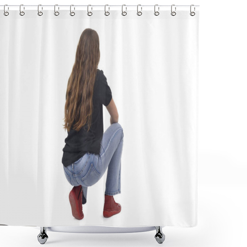 Personality  Back And Side  View Of A Young Girl Long-haired Sitting Squatting On White Background Shower Curtains