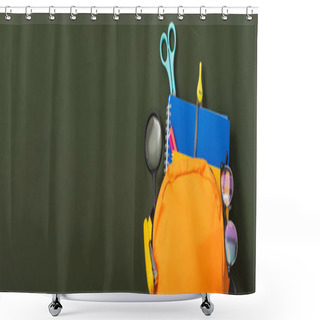 Personality  Top View Of School Backpack Packed With Stationery On Green Chalkboard, Panoramic Shot Shower Curtains