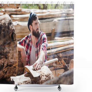 Personality   Bearded Lumberjack In Checkered Shirt With Axe Looking Away At Sawmill  Shower Curtains