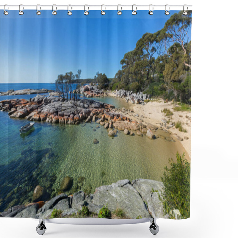 Personality  Turquoise Waters Rippled, Lichen Growing On Granite Rocks, Rocky Costline Shower Curtains