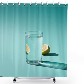 Personality  Transparent Glass With Fresh Water And Lemon Half On Turquoise Background Shower Curtains