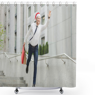 Personality  Young Adult Bearded Man In Santa Hat Holding Many Shopping Bags And Gifts And Running To Kids. Shower Curtains